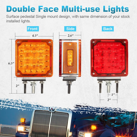 Image of Partsam 2Pcs Square Dual Double Face Fender Stop Turn Signal Tail 52 LED Amber/Red, Truck Trailer Double Face Led Pedestal Lights Waterproof, Dual-face lights with Three Studs Waterproof