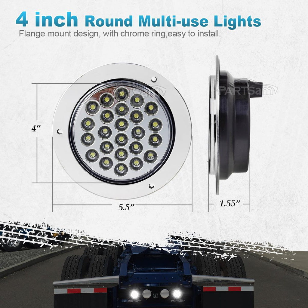Partsam 2pcs 4" Round White 24 LED Truck Trailer Light Reverse Backup Running Light + Chrome/Wire