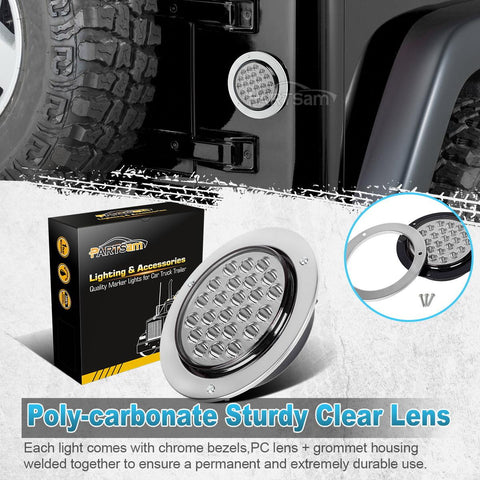 Image of Partsam 2pcs 4" Round White 24 LED Truck Trailer Light Reverse Backup Running Light + Chrome/Wire