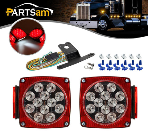 Image of Partsam 12V Waterproof Square LED Trailer Tail Light Kit Clear Lens Red Trailer Brake Stop Tail Turn Signal Running Lights License Kit for Camper Truck RV Boat Trailer Snowmobile Marine Under 80inch