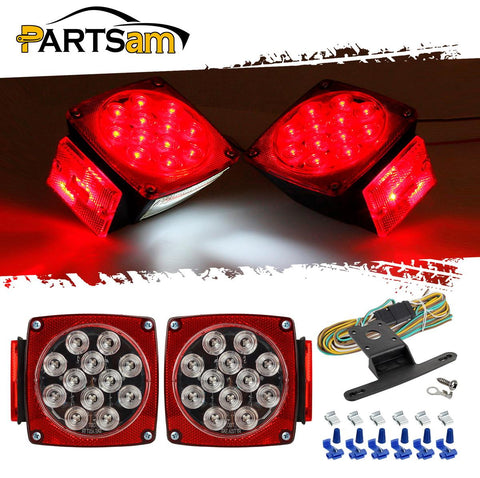 Image of Partsam 12V Waterproof Square LED Trailer Tail Light Kit Clear Lens Red Trailer Brake Stop Tail Turn Signal Running Lights License Kit for Camper Truck RV Boat Trailer Snowmobile Marine Under 80inch