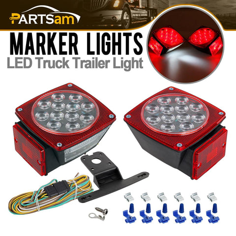 Image of Partsam 12V Waterproof Square LED Trailer Tail Light Kit Clear Lens Red Trailer Brake Stop Tail Turn Signal Running Lights License Kit for Camper Truck RV Boat Trailer Snowmobile Marine Under 80inch