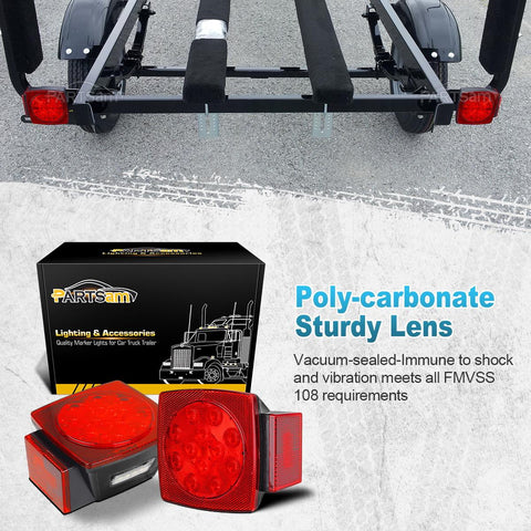 Image of Partsam 12V Waterproof Square Led Trailer Light,Red LED Stop Turn Tail License Brake Running Light Lamp for Trailers Under 80inch Boat Trailer Truck Marine Camper RV Snowmobile,IP68,DOT Compliant