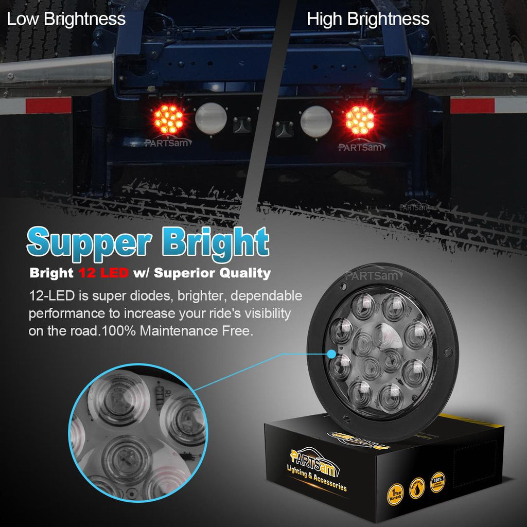 Partsam 2Pcs 4 Inch Round Red LED Trailer Tail Lights Flange Mount Smoke Lens - 12 RED LED Turn Stop Brake Trailer Lights Waterproof for RV Trucks