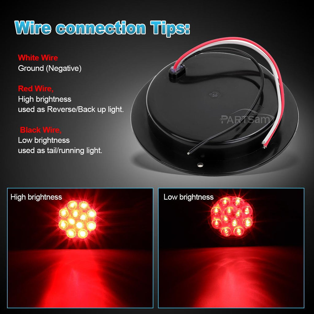 Partsam 2Pcs 4 Inch Round Red LED Trailer Tail Lights Flange Mount Smoke Lens - 12 RED LED Turn Stop Brake Trailer Lights Waterproof for RV Trucks