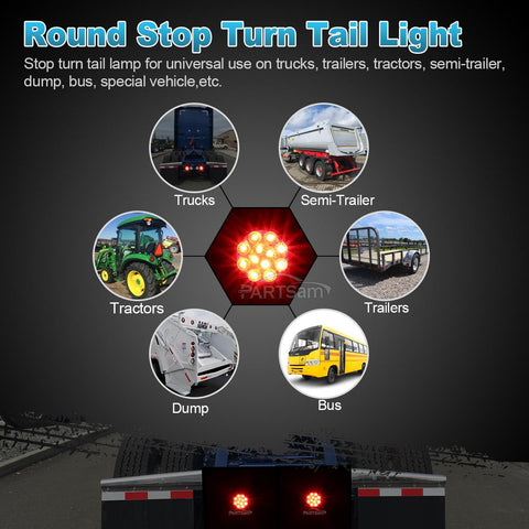 Image of Partsam 2Pcs 4 Inch Round Red LED Trailer Tail Lights Flange Mount Smoke Lens - 12 RED LED Turn Stop Brake Trailer Lights Waterproof for RV Trucks