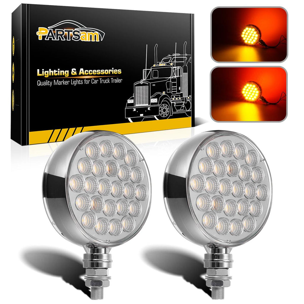 Partsam 2Pcs Double Face Round LED Pedestal Lights Fender Stop Turn Signal Tail Brake Lights Clear Lens 48 LED Post Mount Semi Trailer Replacement for Kenworth/Peterbilt Trucks
