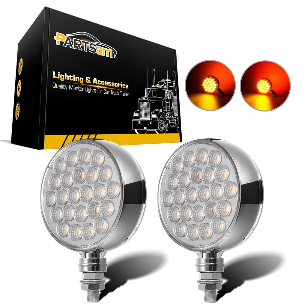 Partsam 2Pcs Double Face Round LED Pedestal Lights Fender Stop Turn Signal Tail Brake Lights Clear Lens 48 LED Post Mount Semi Trailer Replacement for Kenworth/Peterbilt Trucks