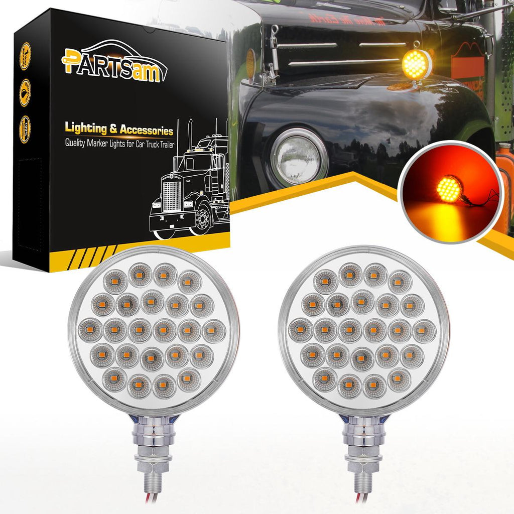 Partsam 2Pcs Double Face Round LED Pedestal Lights Fender Stop Turn Signal Tail Brake Lights Clear Lens 48 LED Post Mount Semi Trailer Replacement for Kenworth/Peterbilt Trucks
