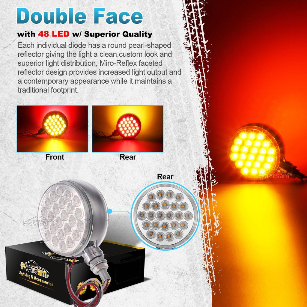 Partsam 2Pcs Double Face Round LED Pedestal Lights Fender Stop Turn Signal Tail Brake Lights Clear Lens 48 LED Post Mount Semi Trailer Replacement for Kenworth/Peterbilt Trucks
