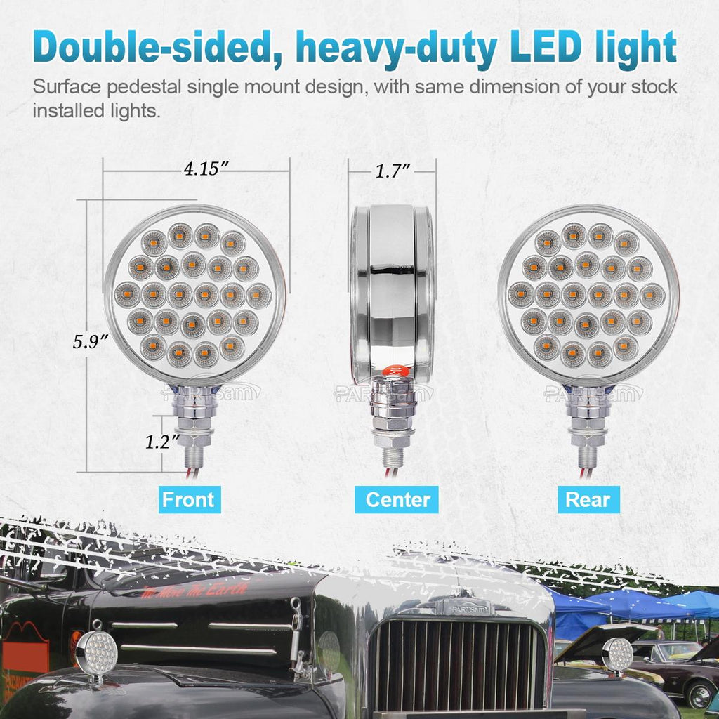 Partsam 2Pcs Double Face Round LED Pedestal Lights Fender Stop Turn Signal Tail Brake Lights Clear Lens 48 LED Post Mount Semi Trailer Replacement for Kenworth/Peterbilt Trucks