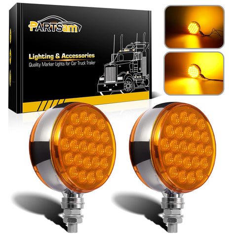 Image of Partsam 2pcs Round Double Face Amber 48LED Pedestal Fender Rear Turn Signal Parking Lights Post Mount, Dual-face Led Marker Trailer Lights Replacement for Kenworth/Peterbilt/Freightliner Trucks