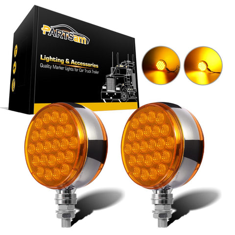 Image of Partsam 2pcs Round Double Face Amber 48LED Pedestal Fender Rear Turn Signal Parking Lights Post Mount, Dual-face Led Marker Trailer Lights Replacement for Kenworth/Peterbilt/Freightliner Trucks
