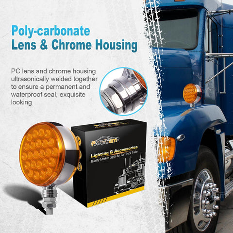 Image of Partsam 2pcs Round Double Face Amber 48LED Pedestal Fender Rear Turn Signal Parking Lights Post Mount, Dual-face Led Marker Trailer Lights Replacement for Kenworth/Peterbilt/Freightliner Trucks