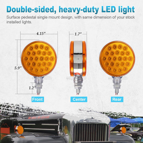 Image of Partsam 2pcs Round Double Face Amber 48LED Pedestal Fender Rear Turn Signal Parking Lights Post Mount, Dual-face Led Marker Trailer Lights Replacement for Kenworth/Peterbilt/Freightliner Trucks