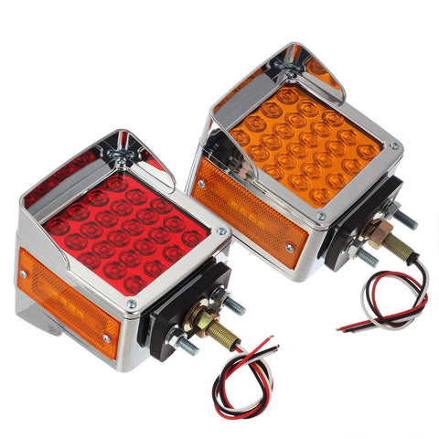 Image of Partsam Pair Truck Trailer 52 LED Red/Amber Square Double Face Pedestal Fender Stop Turn Tail Lights Three Stud Mount Bezel Visor Waterproof Replacement for Peterbilt/Kenworth/Freightliner Trucks