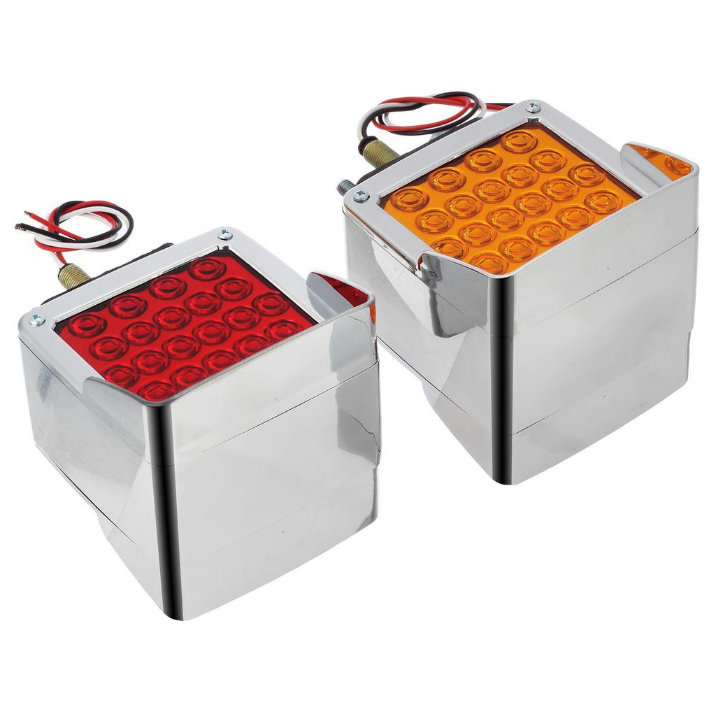 Partsam Pair Truck Trailer 52 LED Red/Amber Square Double Face Pedestal Fender Stop Turn Tail Lights Three Stud Mount Bezel Visor Waterproof Replacement for Peterbilt/Kenworth/Freightliner Trucks