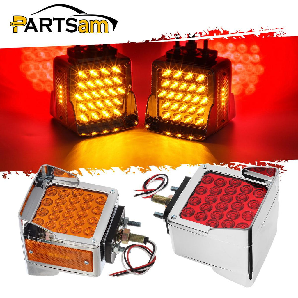Partsam Pair Truck Trailer 52 LED Red/Amber Square Double Face Pedestal Fender Stop Turn Tail Lights Three Stud Mount Bezel Visor Waterproof Replacement for Peterbilt/Kenworth/Freightliner Trucks