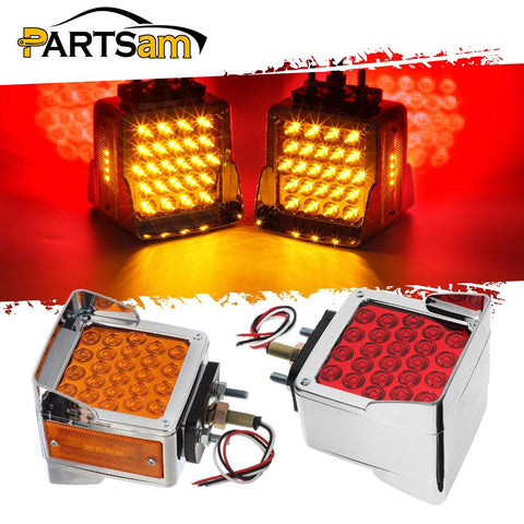 Image of Partsam Pair Truck Trailer 52 LED Red/Amber Square Double Face Pedestal Fender Stop Turn Tail Lights Three Stud Mount Bezel Visor Waterproof Replacement for Peterbilt/Kenworth/Freightliner Trucks