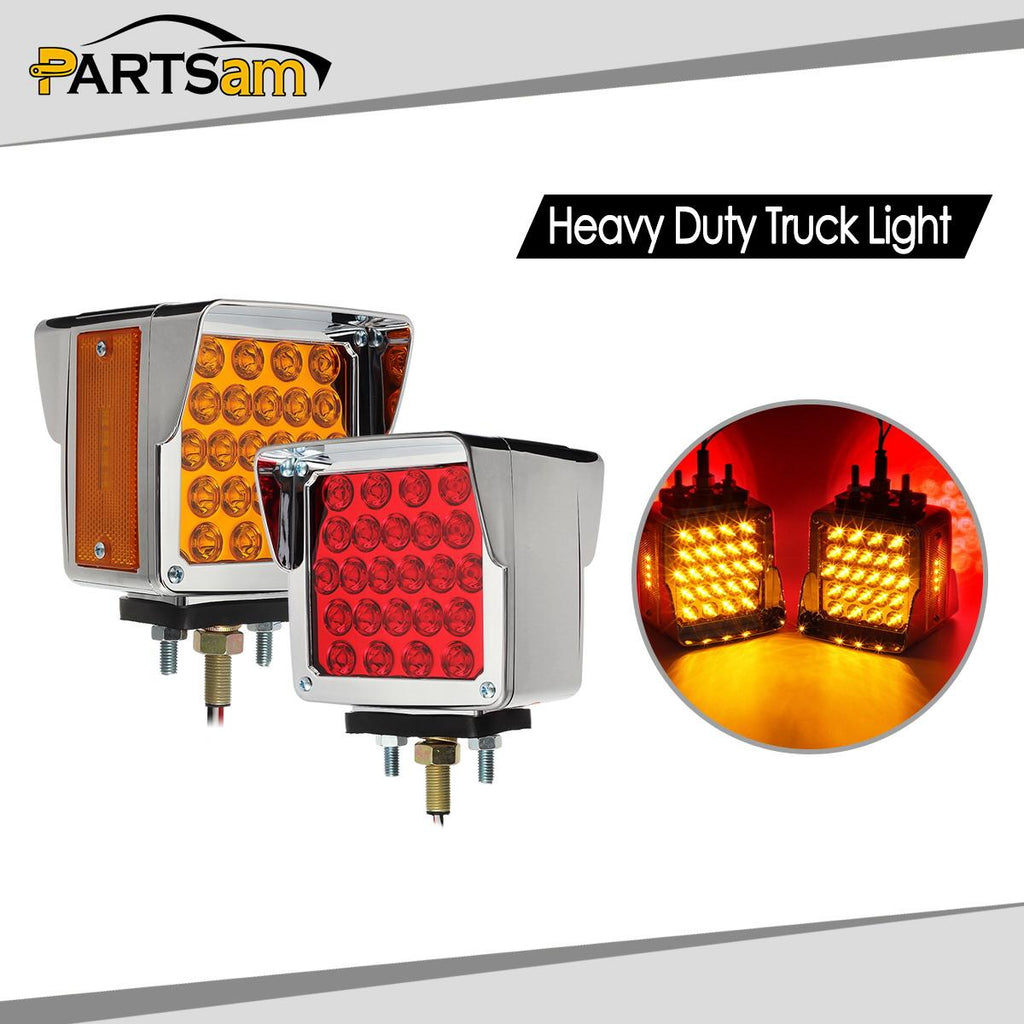 Partsam Pair Truck Trailer 52 LED Red/Amber Square Double Face Pedestal Fender Stop Turn Tail Lights Three Stud Mount Bezel Visor Waterproof Replacement for Peterbilt/Kenworth/Freightliner Trucks