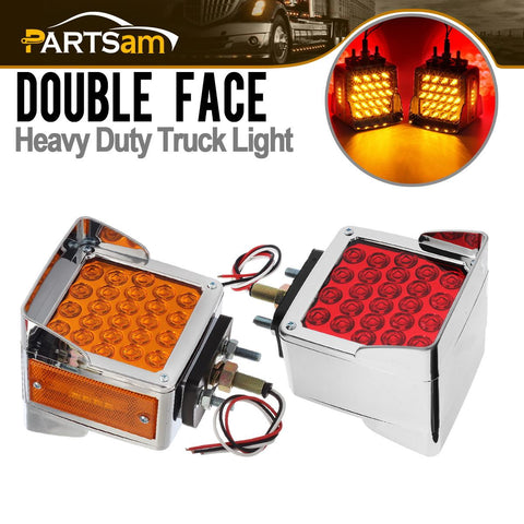 Image of Partsam Pair Truck Trailer 52 LED Red/Amber Square Double Face Pedestal Fender Stop Turn Tail Lights Three Stud Mount Bezel Visor Waterproof Replacement for Peterbilt/Kenworth/Freightliner Trucks