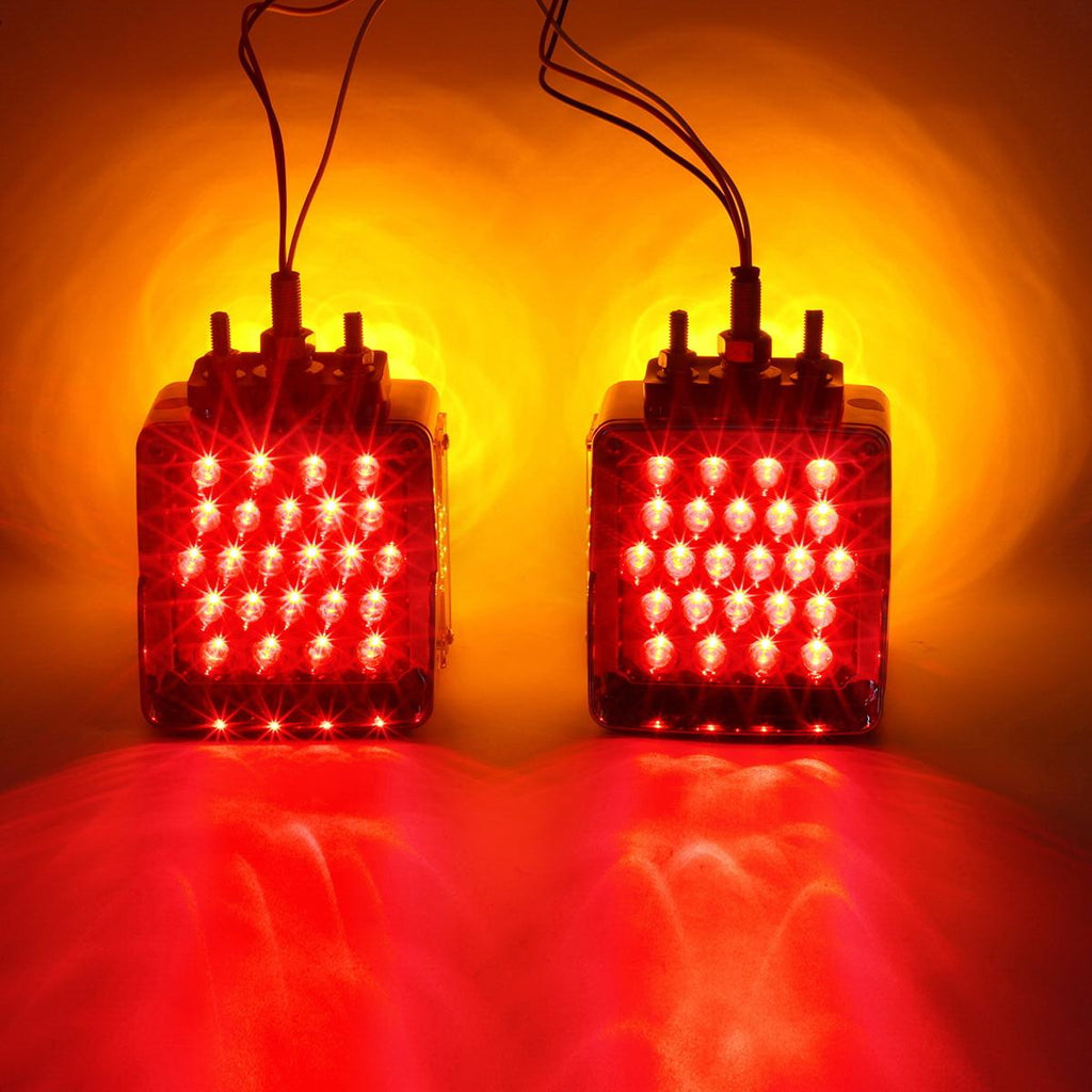 Partsam Pair Truck Trailer 52 LED Red/Amber Square Double Face Pedestal Fender Stop Turn Tail Lights Three Stud Mount Bezel Visor Waterproof Replacement for Peterbilt/Kenworth/Freightliner Trucks