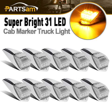 Image of Partsam 10pcs 31LED Amber Cab Light LED Top Roof Running Marker Lights w/Chrome Base Compatible with Peterbilt/Kenworth/Freightliner//Western Star/Mack/International Trailer Trucks
