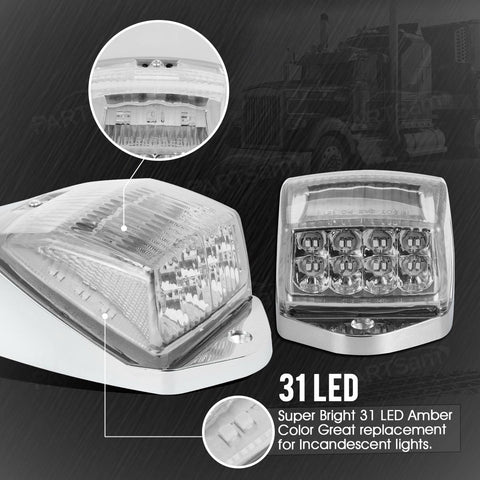 Image of Partsam 10pcs 31LED Amber Cab Light LED Top Roof Running Marker Lights w/Chrome Base Compatible with Peterbilt/Kenworth/Freightliner//Western Star/Mack/International Trailer Trucks