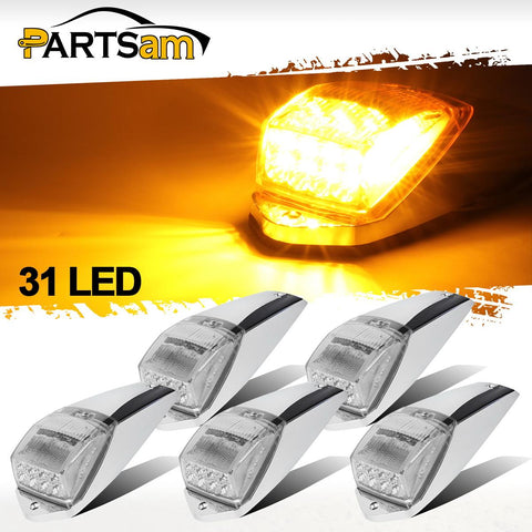Image of Partsam 5pcs Clear Lens 31LED Amber Cab Marker Top Roof Running Lights w/Chrome Base Compatible with Peterbilt/Kenworth/Freightliner//Western Star/Mack/International/Paccar Trailer Trucks