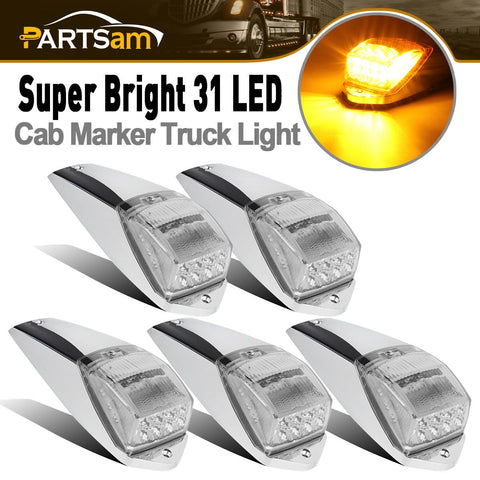 Image of Partsam 5pcs Clear Lens 31LED Amber Cab Marker Top Roof Running Lights w/Chrome Base Compatible with Peterbilt/Kenworth/Freightliner//Western Star/Mack/International/Paccar Trailer Trucks