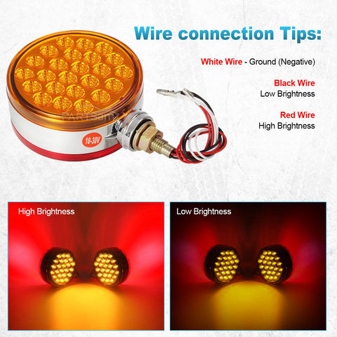 Image of Partsam 2pc 4inch Round Double Face Single Stud Mount Pearl Red/Amber 48 LED Pedestal Fender Reflective Lights w Chrome Housing Sealed Replacement for Kenworth/Peterbilt/Freightliner