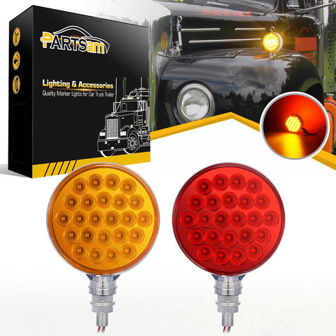 Image of Partsam 2pc 4inch Round Double Face Single Stud Mount Pearl Red/Amber 48 LED Pedestal Fender Reflective Lights w Chrome Housing Sealed Replacement for Kenworth/Peterbilt/Freightliner
