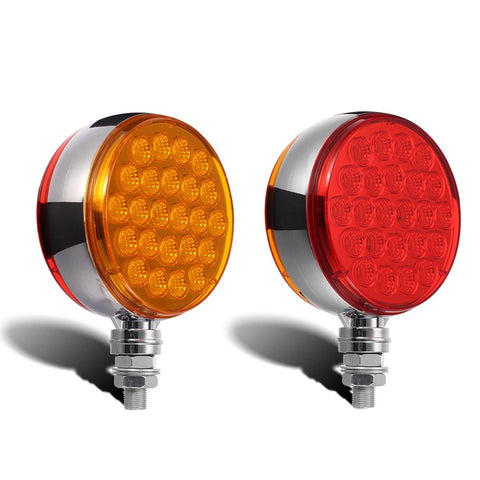 Image of Partsam 2pc 4inch Round Double Face Single Stud Mount Pearl Red/Amber 48 LED Pedestal Fender Reflective Lights w Chrome Housing Sealed Replacement for Kenworth/Peterbilt/Freightliner