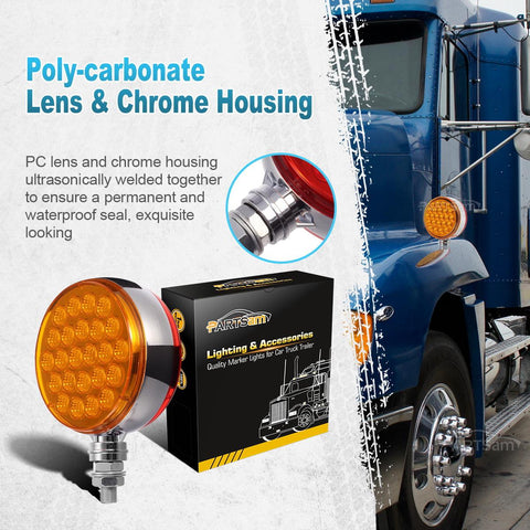Image of Partsam 2pc 4inch Round Double Face Single Stud Mount Pearl Red/Amber 48 LED Pedestal Fender Reflective Lights w Chrome Housing Sealed Replacement for Kenworth/Peterbilt/Freightliner