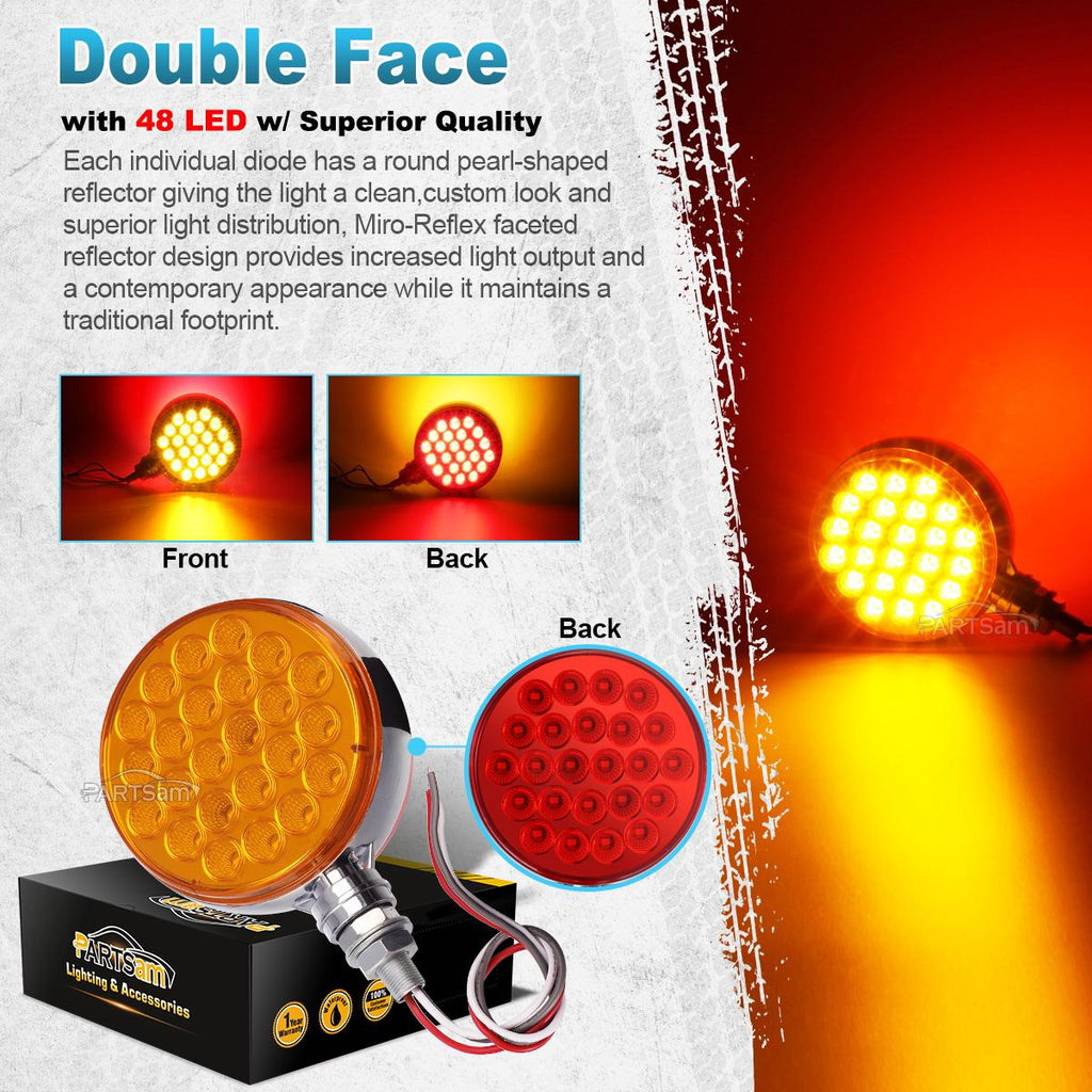 Partsam 2pc 4inch Round Double Face Single Stud Mount Pearl Red/Amber 48 LED Pedestal Fender Reflective Lights w Chrome Housing Sealed Replacement for Kenworth/Peterbilt/Freightliner