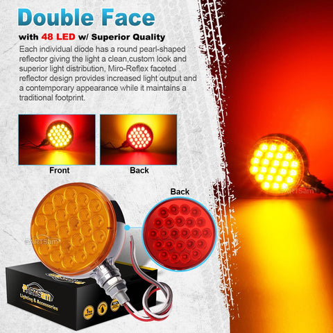 Image of Partsam 2pc 4inch Round Double Face Single Stud Mount Pearl Red/Amber 48 LED Pedestal Fender Reflective Lights w Chrome Housing Sealed Replacement for Kenworth/Peterbilt/Freightliner