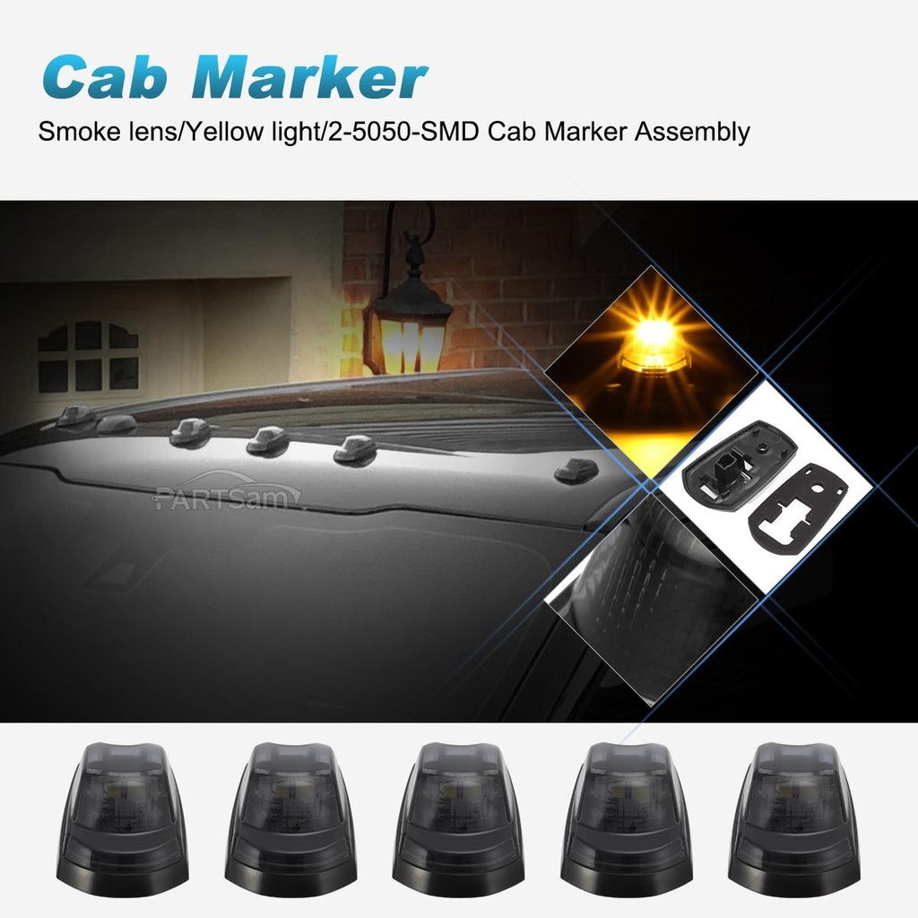 Partsam 5Pcs for F250 F350 F450 Smoke Cab Lights Amber LED Cab Marker Roof Running Top Clearance Lights Assembly Compatible with Ford F-250 F-350 F-450 F-550 Super Duty 2017-2021 264343BK