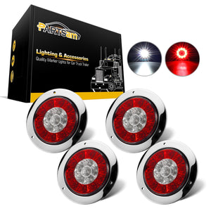 Partsam 4Pcs 4 Inch Round LED Trailer Tail Lights White Red Flange Mount w Reflectors 16 LED DC 12V Sealed Waterproof Stop Brake Tail Running Reverse Backup Lights Lamps for RV Trailer Trucks