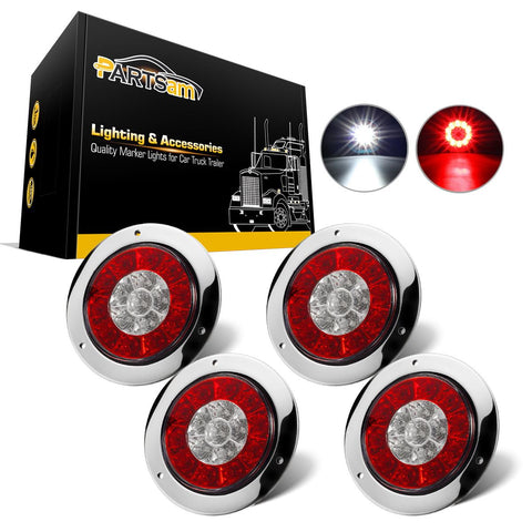 Image of Partsam 4Pcs 4 Inch Round LED Trailer Tail Lights White Red Flange Mount w Reflectors 16 LED DC 12V Sealed Waterproof Stop Brake Tail Running Reverse Backup Lights Lamps for RV Trailer Trucks