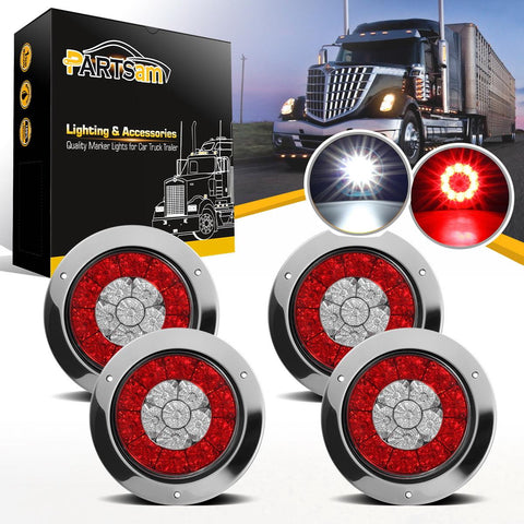 Image of Partsam 4Pcs 4 Inch Round LED Trailer Tail Lights White Red Flange Mount w Reflectors 16 LED DC 12V Sealed Waterproof Stop Brake Tail Running Reverse Backup Lights Lamps for RV Trailer Trucks
