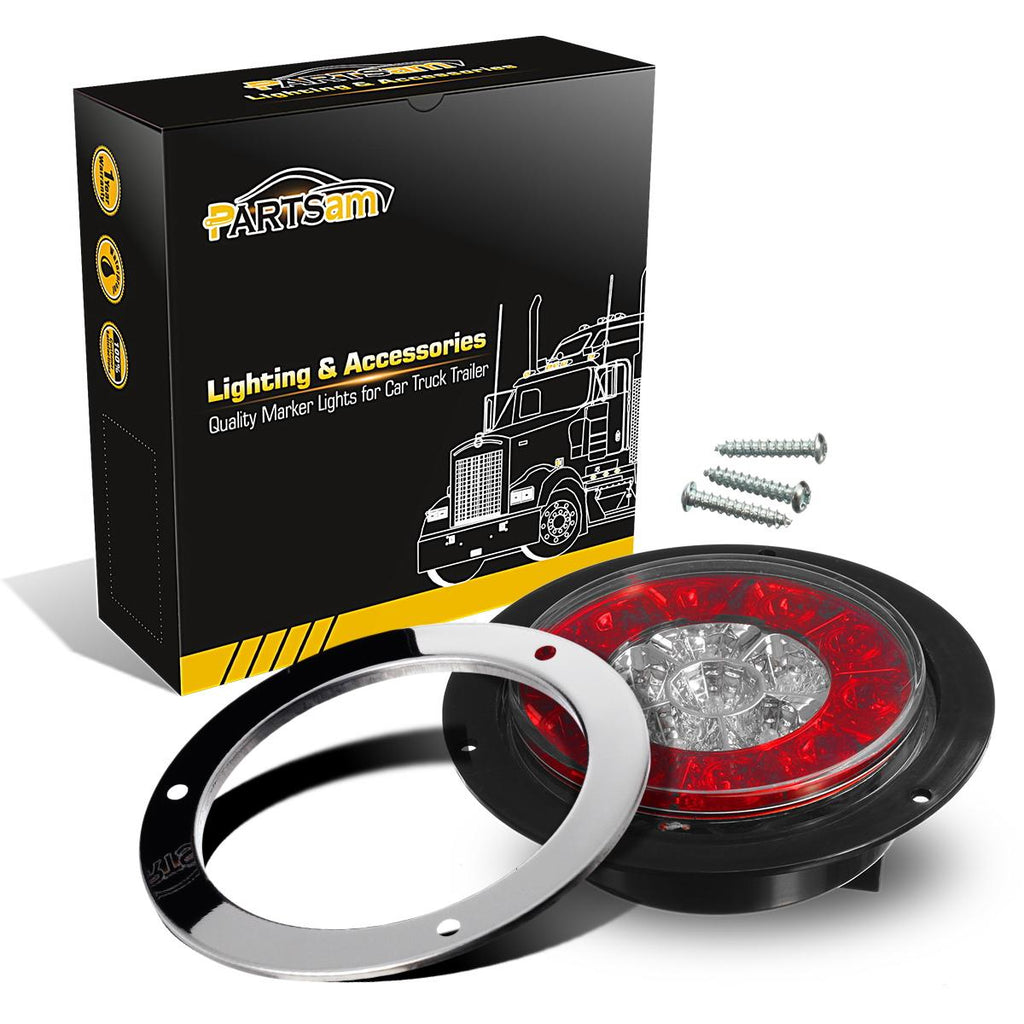 Partsam 4Pcs 4 Inch Round LED Trailer Tail Lights White Red Flange Mount w Reflectors 16 LED DC 12V Sealed Waterproof Stop Brake Tail Running Reverse Backup Lights Lamps for RV Trailer Trucks