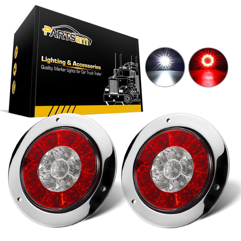 Image of Partsam 2Pcs 4inch Inch Round LED Trailer Tail Lights White Red Taillights Flange Mount 16 LED DC 12V Sealed Waterproof Stop Brake Tail Running Reverse Backup Lights Lamps for RV Trailer Trucks