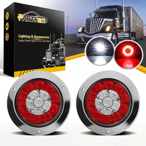 Image of Partsam 2Pcs 4inch Inch Round LED Trailer Tail Lights White Red Taillights Flange Mount 16 LED DC 12V Sealed Waterproof Stop Brake Tail Running Reverse Backup Lights Lamps for RV Trailer Trucks