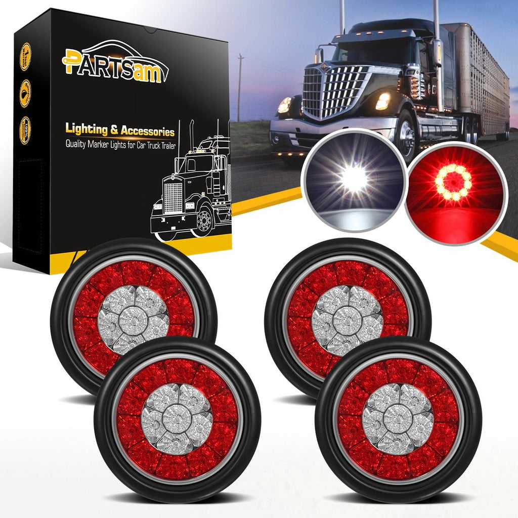 Partsam 4Pcs 4inch Inch Round LED Trailer Tail Lights with Backup Reverse Lights 16LED Waterproof Stop Brake Tail Running Utility Lights Lamps DC 12V Sealed, Hardwired with Grommet (Not Plug and Play)