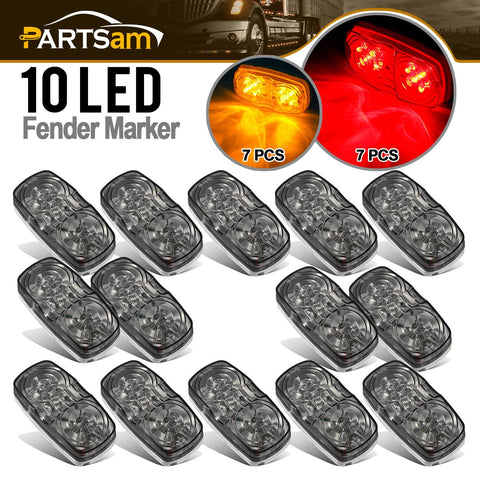 Image of Partsam 14x Red/Amber Double Bullseye led Marker Light Side Marker Clearance Light Smoke Lens, Tiger Eye / Double Bubble LED Marker Lights, 4" Rectangular Rectangle Led Truck Trailer RV Camper Light