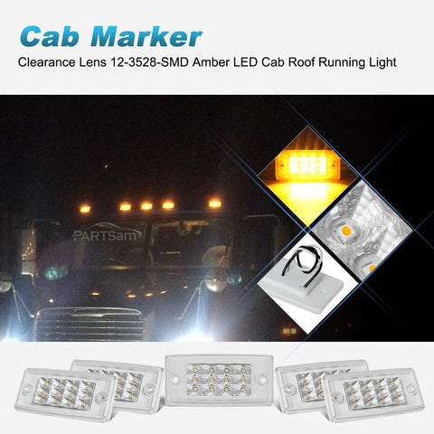 Image of Partsam 5pcs Amber Cab Marker Lights LED Top Roof Running Rectangle Cab Lights 12 LED Reflectors Compatible with Freightliner Century/Columbia Roof Cab Marker Clearance Lights Sealed Waterproof