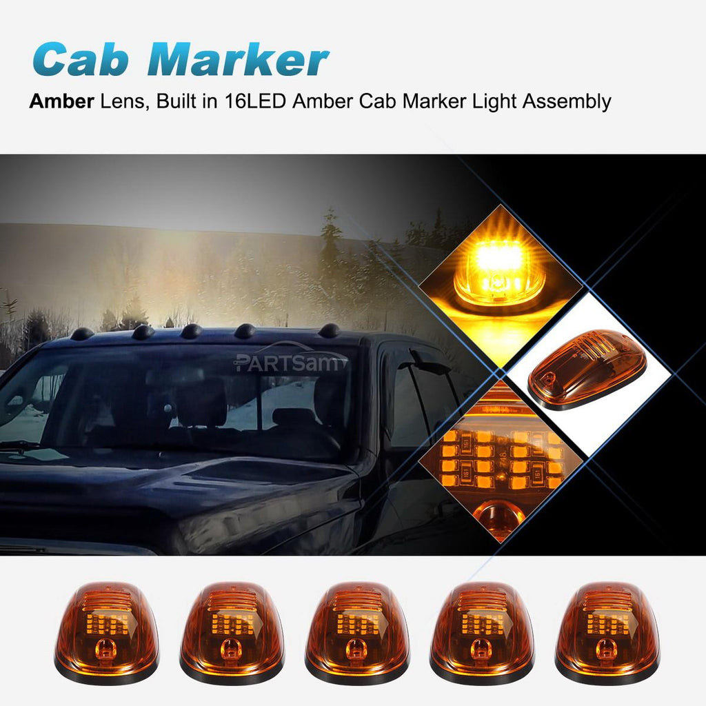 Partsam 5pcs 16LED Amber Cab Light Top Roof Running Clearance Cab Marker Lights 264146AM Assembly Compatible with Dodge Ram 1500 2500 3500 4500 5500 2003 - 2018 Pickup Trucks