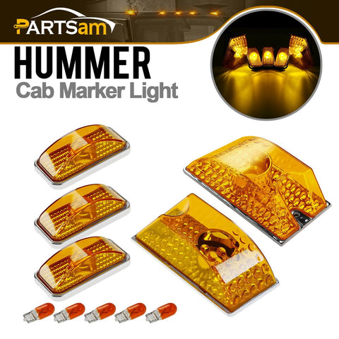 Image of Partsam 5pcs Cab Marker Roof Running Top Lights 264160AM Front Amber Lens Crystal Chrome Waterproof + T10 194 168 W5W 2825 Yellow Halogen Bulbs Compatible with Hummer H2 SUV SUT 2003 - 2009