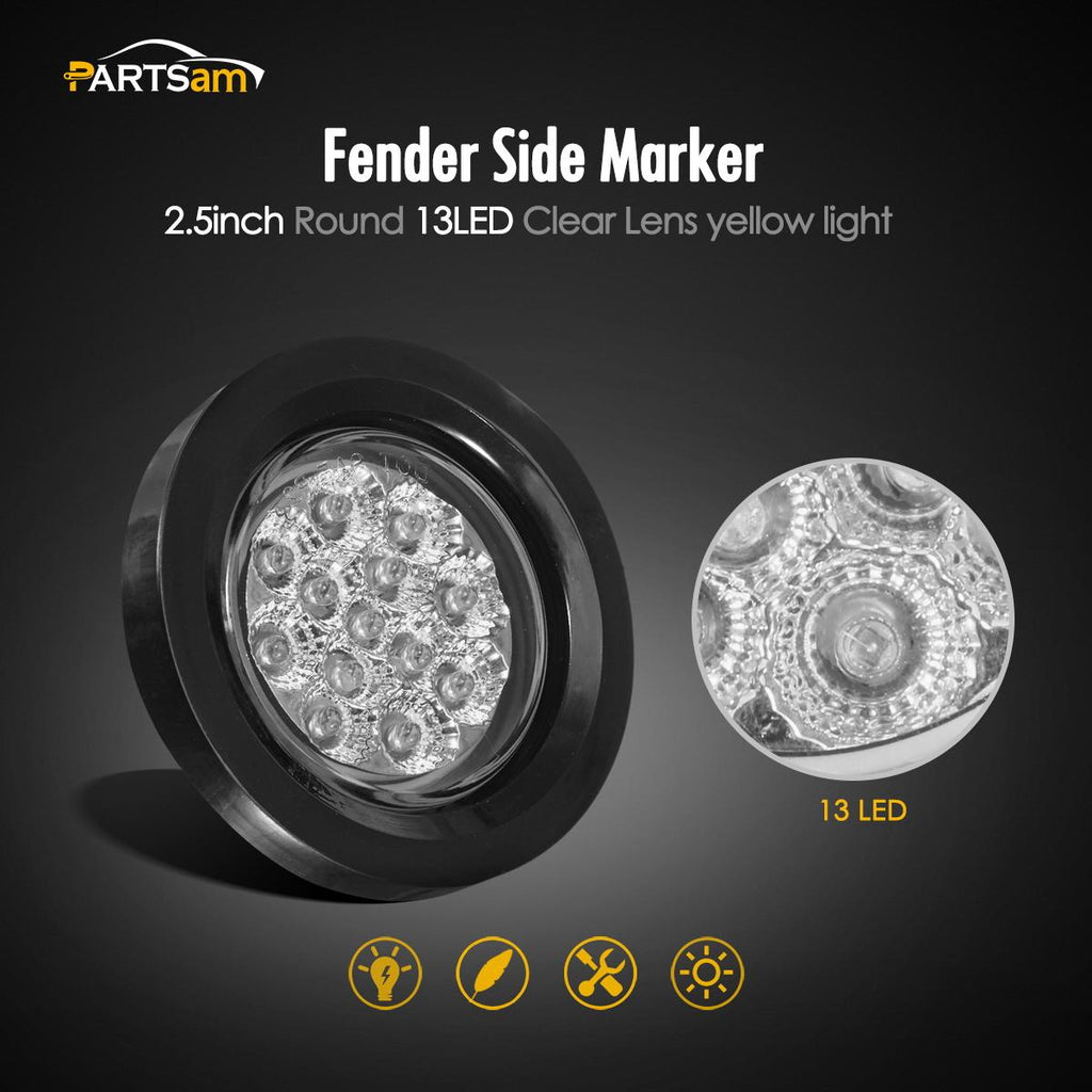 Partsam 10Pcs 2.5" Round Amber Led Clearance and Side Marker Lights Kit Clear Lens 13 Diodes w Grommets and Wire Pigtails Truck Trailer RV Flush Mount Waterproof 12V Sealed, 2.5" Round Led Lights