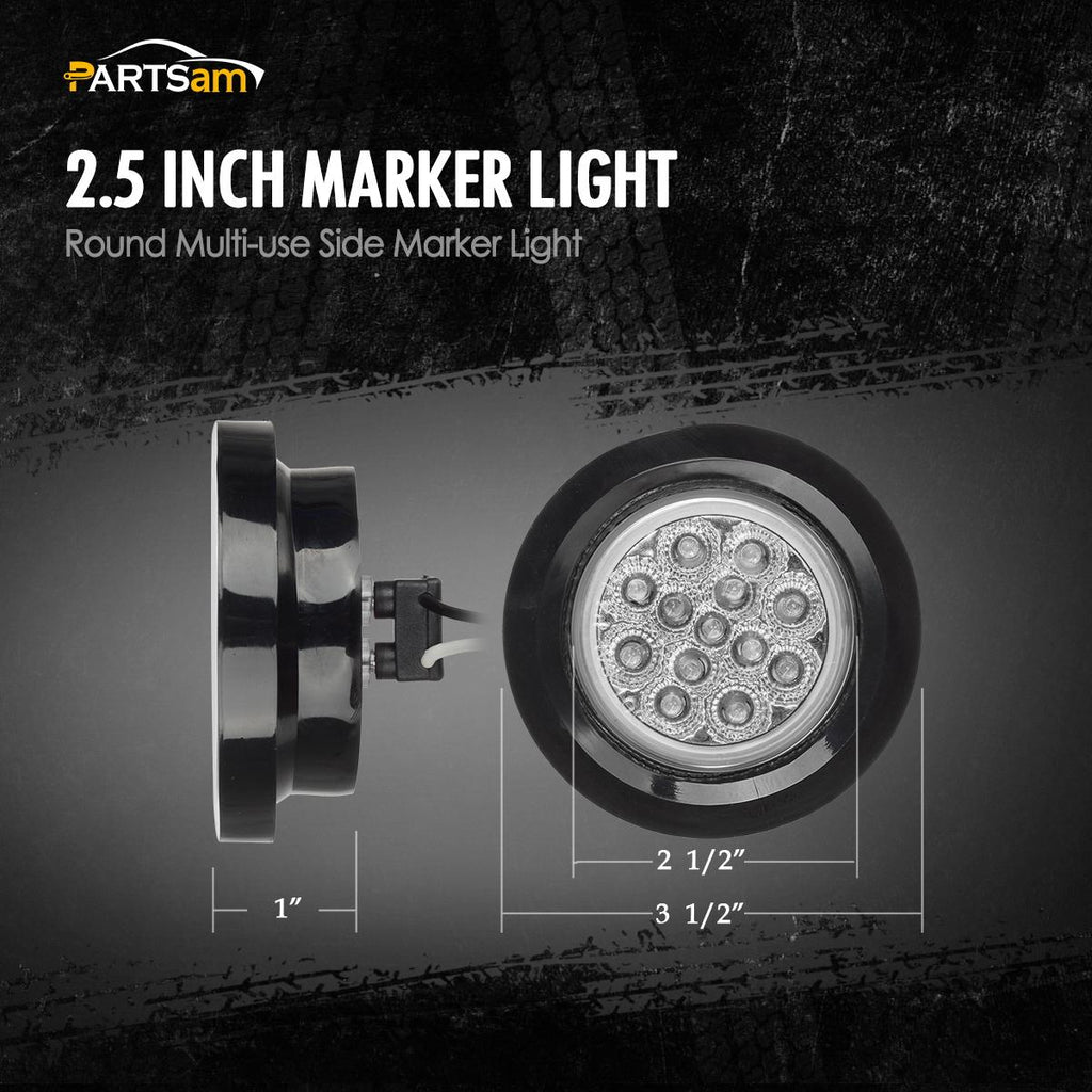Partsam 10Pcs 2.5" Round Red Led Clearance and side Marker Lights Kit 13 Diodes Clear Lens w Reflectors Grommets / Pigtails Truck Trailer Rv Flush Mount Waterproof 12V Sealed, 2.5" Round Led Lights